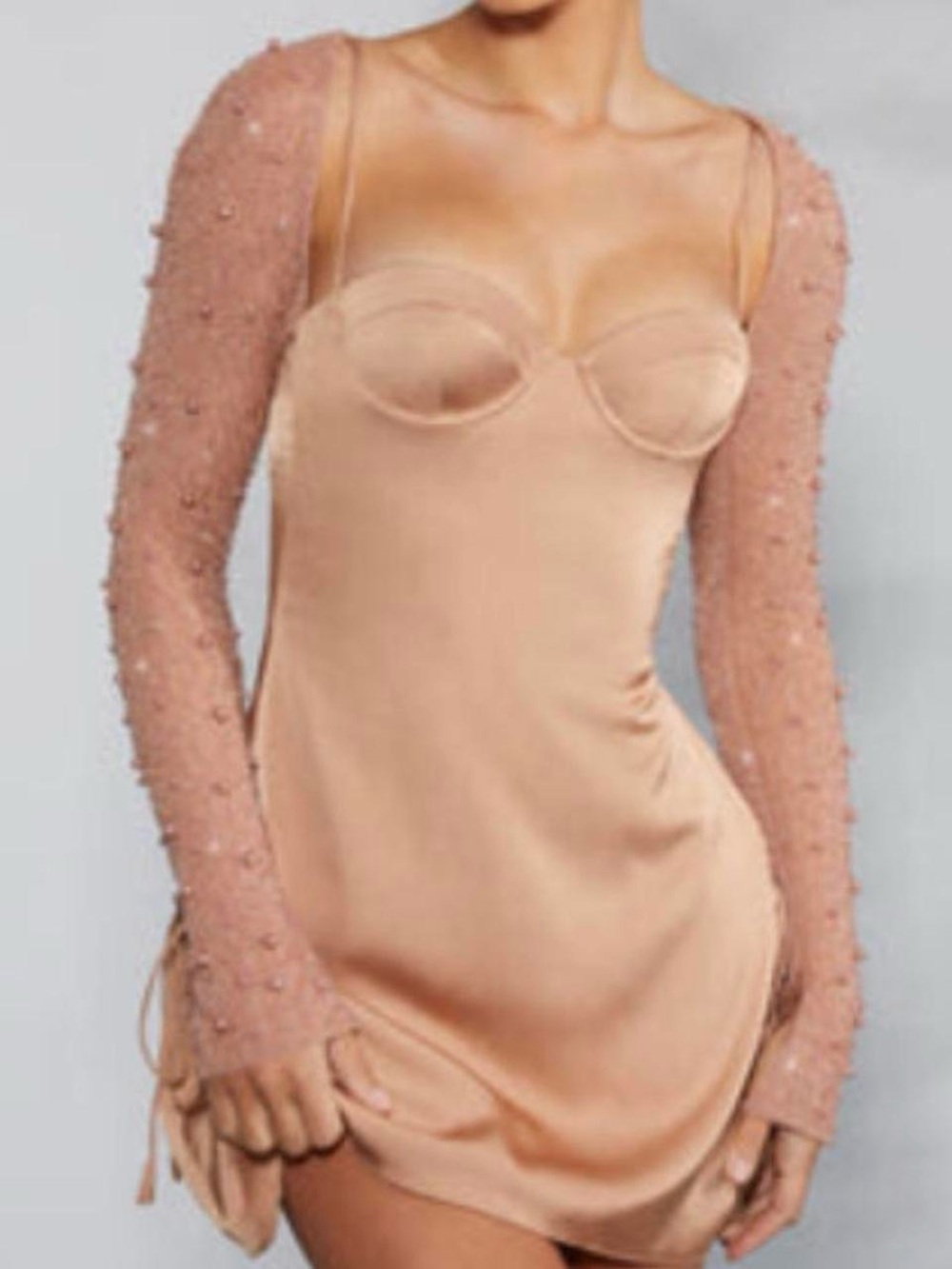 Oh Polly Blush Nude Slip Dress with Embellished Sheer Sleeves